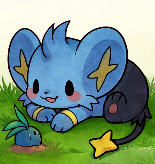 ambiguous_gender blue_fur blush felid food fur grass huiro mammal nintendo oddish plant pok&eacute;mon pok&eacute;mon_(species) shinx vegetable video_games