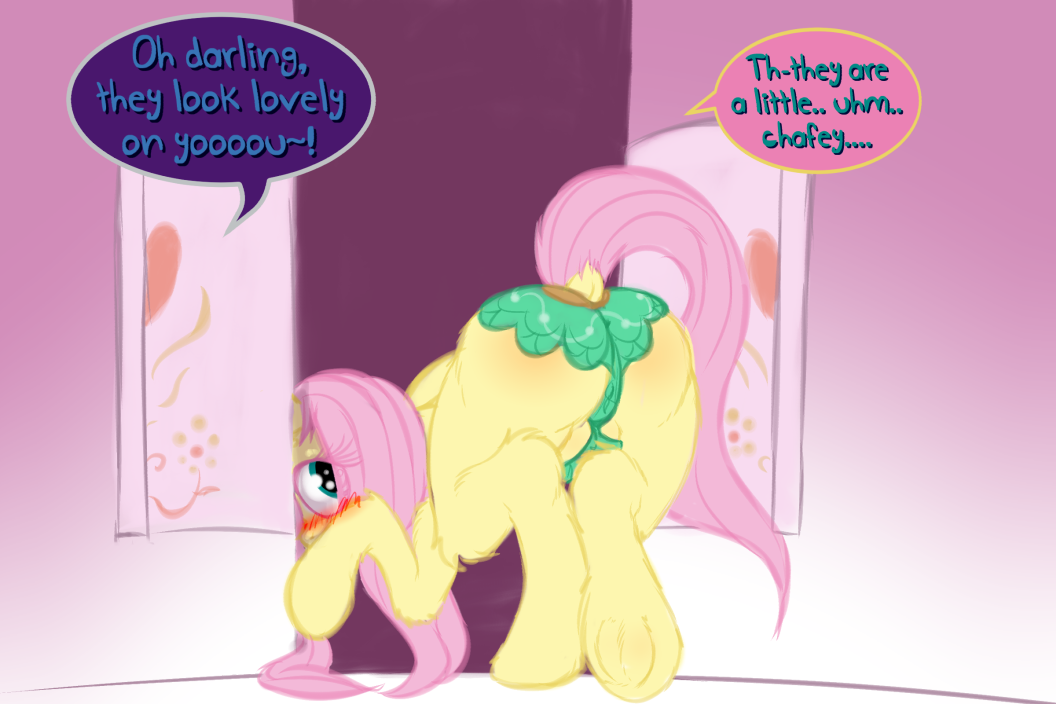 2019 blush clothing english_text equid equine female fluttershy_(mlp) friendship_is_magic frist44 horse inside mammal my_little_pony pony quadruped rear_view solo speech_bubble text underwear wings