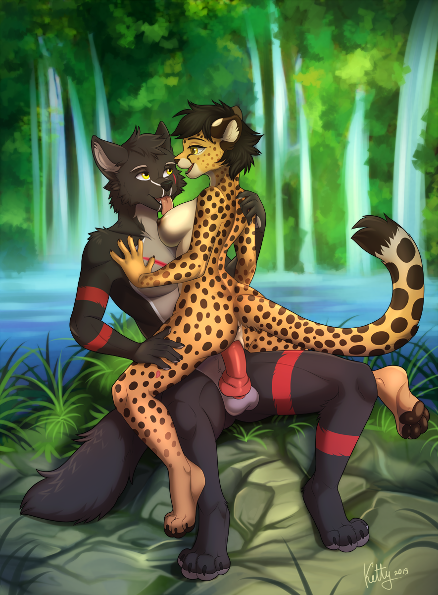 2019 4_toes anthro balls black_fur black_hair canid canine canis cheetah digital_media_(artwork) felid feline female fur grass hair hi_res ketty ketty-leopardess male male/female mammal penetration penis sex smile spots spotted_fur toes vaginal vaginal_penetration waterfall wolf yellow_eyes