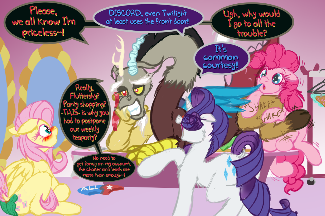 2019 blue_eyes blush breasts discord_(mlp) draconequus english_text equid equine female fluttershy_(mlp) friendship_is_magic frist44 group horn horse inside male mammal my_little_pony pinkie_pie_(mlp) pony quadruped rarity_(mlp) sitting sound_effects speech_bubble text unicorn wings