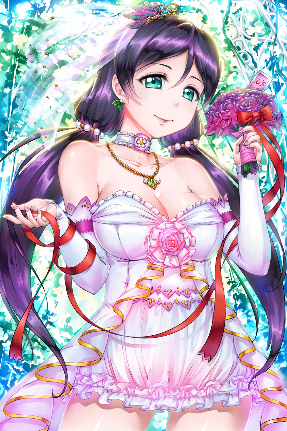 1girl blue_eyes bouquet breasts choker cleavage closed_mouth collarbone cowboy_shot crazypen detached_sleeves dress floating_hair flower hair_between_eyes highres holding holding_bouquet jewelry large_breasts long_hair long_sleeves looking_at_viewer love_live! love_live!_school_idol_project necklace purple_flower purple_hair shiny shiny_hair shiny_skin short_dress sleeveless sleeveless_dress smile solo standing strapless strapless_dress thigh_gap toujou_nozomi very_long_hair white_dress white_sleeves
