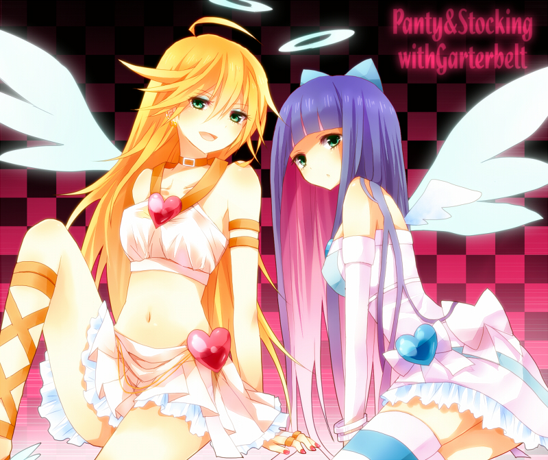 alternate_costume blonde_hair blue_hair bow bracelet breasts choker cross-laced_footwear detached_sleeves green_eyes hair_bow halo heart hinase_haruka jewelry long_hair medium_breasts midriff multicolored_hair multiple_girls navel open_mouth panty_&amp;_stocking_with_garterbelt panty_(psg) sitting skirt smile stocking_(psg) striped striped_legwear thighhighs two-tone_hair wings