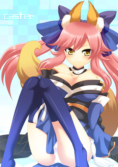 animal_ears bare_shoulders blush breasts cleavage detached_sleeves fate/extra fate_(series) fox_ears fox_tail hair_ribbon japanese_clothes kanraku large_breasts panties pantyshot pink_hair ribbon sitting smile solo tail tamamo_(fate)_(all) tamamo_no_mae_(fate) thighhighs twintails underwear yellow_eyes