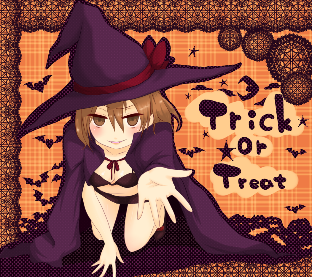 breasts brown_eyes brown_hair cape cleavage english halloween hat i.u.y misaka_worst orange_background small_breasts solo to_aru_majutsu_no_index trick_or_treat witch_hat