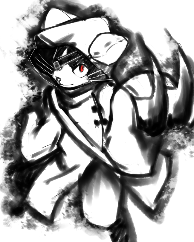 animal_ears blazblue cat cat_ears claws eyepatch furry greyscale jubei_(blazblue) male_focus monochrome red_eyes solo spot_color whiskers