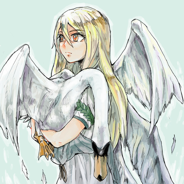 203mtk afuro_terumi angel animal bad_id bad_pixiv_id bird blonde_hair goose holding inazuma_eleven inazuma_eleven_(series) long_hair male_focus multiple_wings red_eyes sash solo swan tunic wings zeus_(inazuma_eleven)