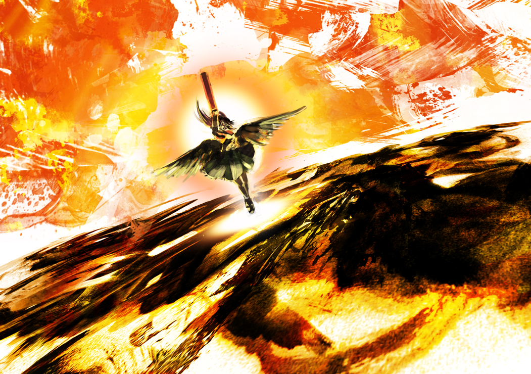 arm_cannon arm_up arms_up black_hair dress dutch_angle fire food fruit glowing glowing_eyes long_hair lynchis orange red_eyes reiuji_utsuho solo standing sun touhou weapon wings