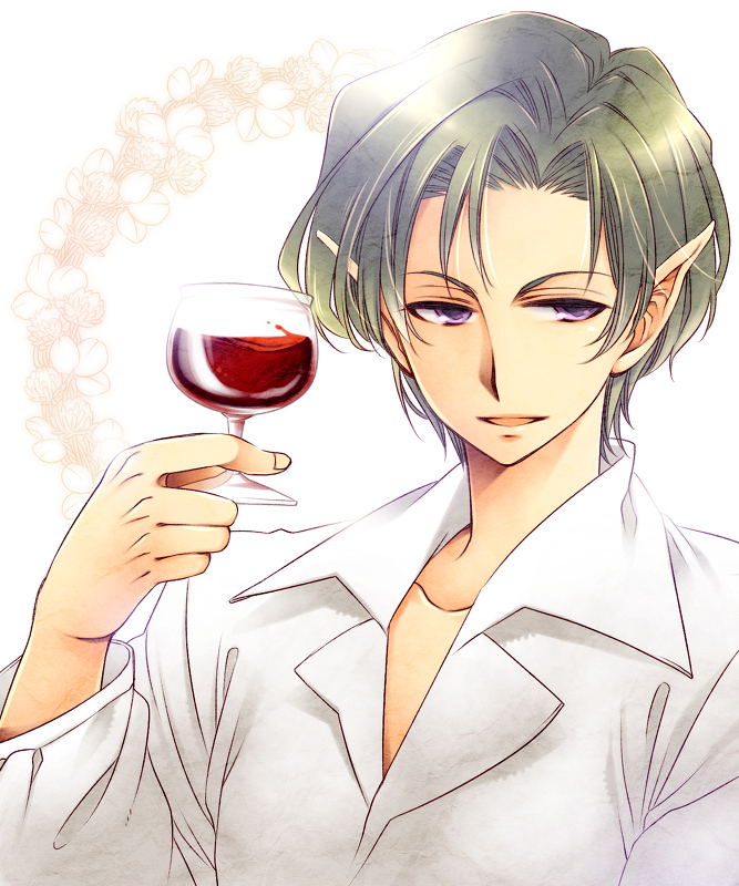 alcohol bad_id bad_pixiv_id blonde_hair copyright_request cup drinking_glass male_focus pointy_ears purple_eyes solo sumachii wine wine_glass