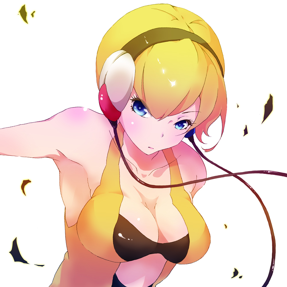 abemichelle armpits bare_shoulders blonde_hair blue_eyes blush breasts cable cleavage gym_leader headphones kamitsure_(pokemon) large_breasts pokemon pokemon_(game) pokemon_bw short_hair simple_background solo white_background