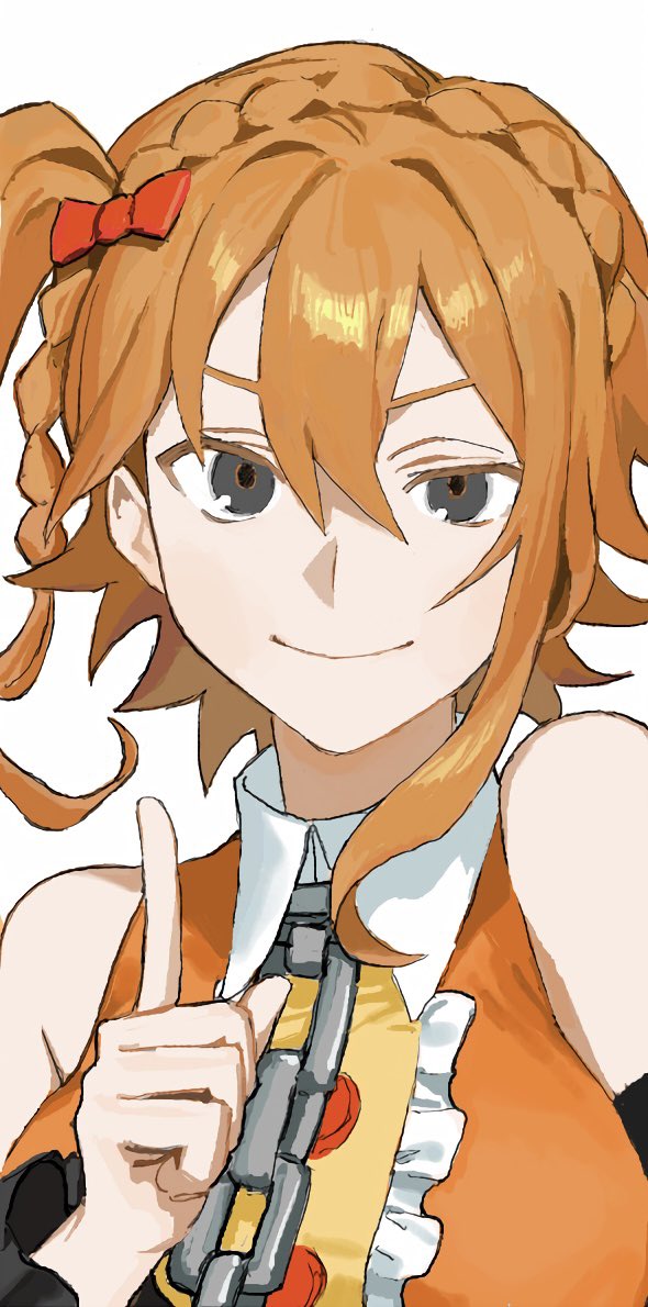 1girl 42u16 bare_shoulders black_eyes bow braid center_frills commentary_request crown_braid detached_sleeves frills hair_between_eyes hair_bow index_finger_raised kagerou_project kisaragi_momo looking_at_viewer orange_hair orange_shirt red_bow shirt side_ponytail simple_background sleeveless sleeveless_shirt smile solo upper_body white_background