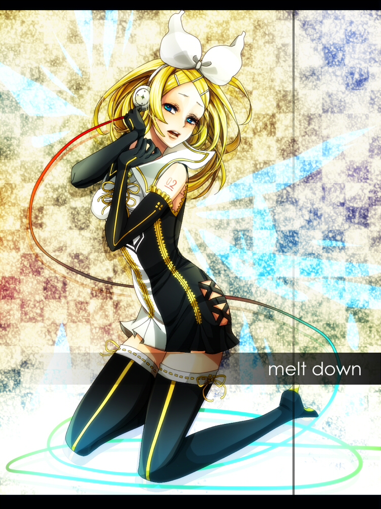 alternate_hair_length alternate_hairstyle bangs black_gloves blonde_hair blue_eyes blush boots bow cable checkered checkered_background colorized commentary_request cross-laced_clothes detached_wings dress eyelashes full_body gloves hair_bow hair_ornament hairclip hand_on_headphones headphones high_heel_boots high_heels kagamine_rin kneeling letterboxed long_hair looking_at_viewer number older parted_bangs ribbon ribbon-trimmed_legwear ribbon_trim roshin_yuukai_(vocaloid) sailor_collar short_dress sleeveless sleeveless_dress solo song_name tattoo thighhighs ui_(rot) vocaloid white_bow wings yellow_ribbon