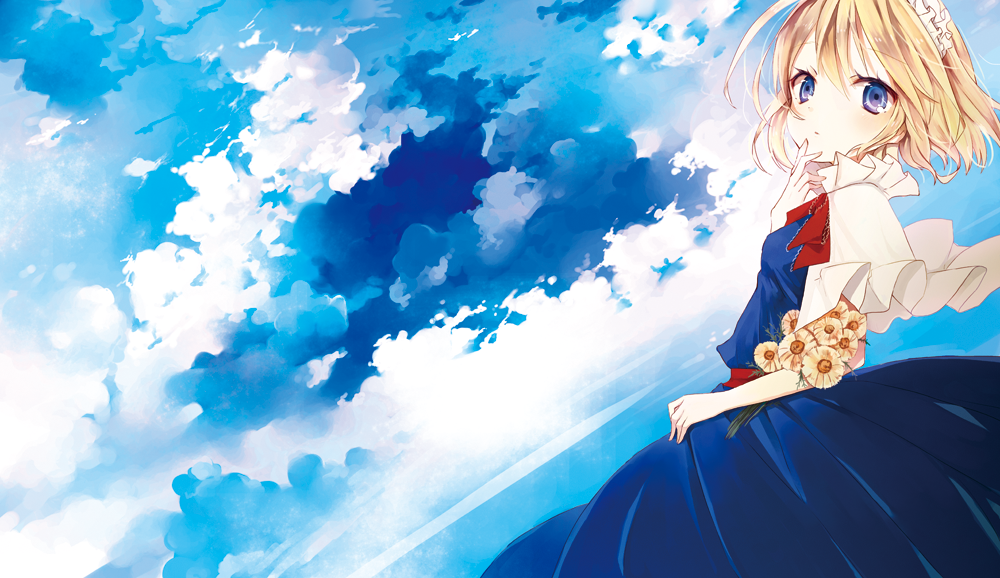 alice_margatroid bad_id bad_pixiv_id blonde_hair blue_eyes capelet day flower hairband ocean shimakoma short_hair sky solo touhou white_capelet