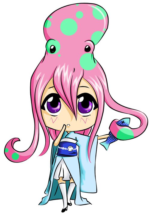 fan:dom fish japanese_clothes kneehighs mascot octo-girl octopus purple_eyes simple_background solo spots teles_lauzon