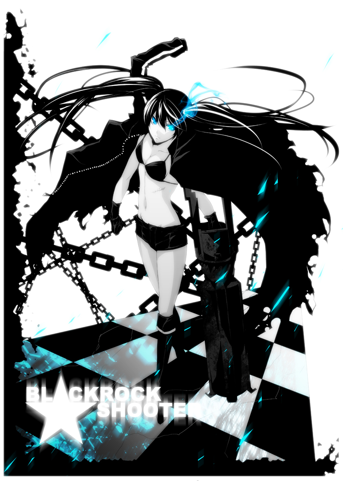 bad_id bad_pixiv_id banned_artist bikini_top black_hair black_rock_shooter black_rock_shooter_(character) blue_eyes boots breasts chain checkered cleavage gloves glowing glowing_eyes jacket long_hair midriff navel s_tanly scar short_shorts shorts small_breasts solo star twintails