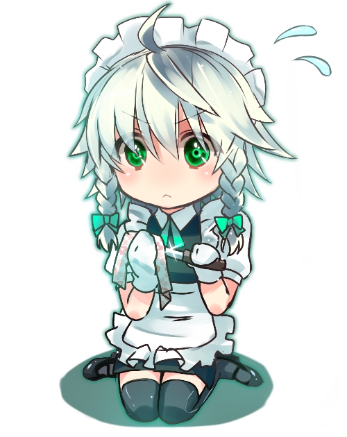 :&lt; ahoge apron bad_id bad_pixiv_id black_legwear blush bow braid chibi chirosuke cleaning gloves green_eyes hair_bow izayoi_sakuya knife maid maid_headdress mary_janes polishing rag shoes short_hair silver_hair sitting solo sweatdrop thighhighs touhou twin_braids waist_apron wariza white_gloves zettai_ryouiki