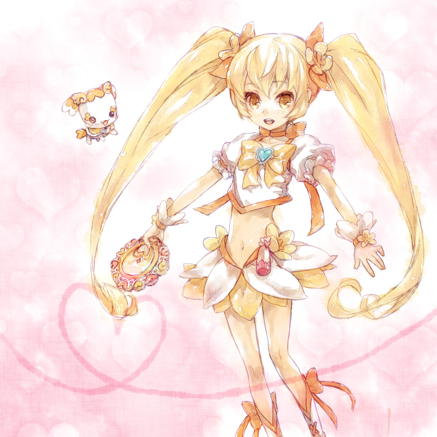 ameiro bad_id bad_pixiv_id blonde_hair boots bow choker cure_sunshine face hair_ribbon heart heart_of_string heartcatch_precure! instrument knee_boots long_hair magical_girl midriff myoudouin_itsuki navel orange_bow orange_choker pink_background potpourri_(heartcatch_precure!) precure ribbon shiny_tambourine skirt tambourine twintails yellow_bow yellow_eyes yellow_skirt