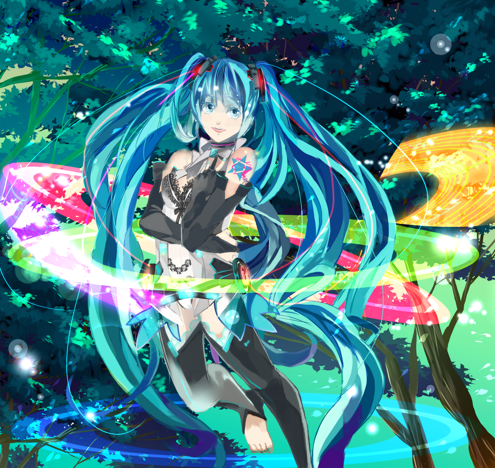 bad_id bad_pixiv_id blue_hair detached_sleeves hatsune_miku kireme long_hair music solo twintails vocaloid
