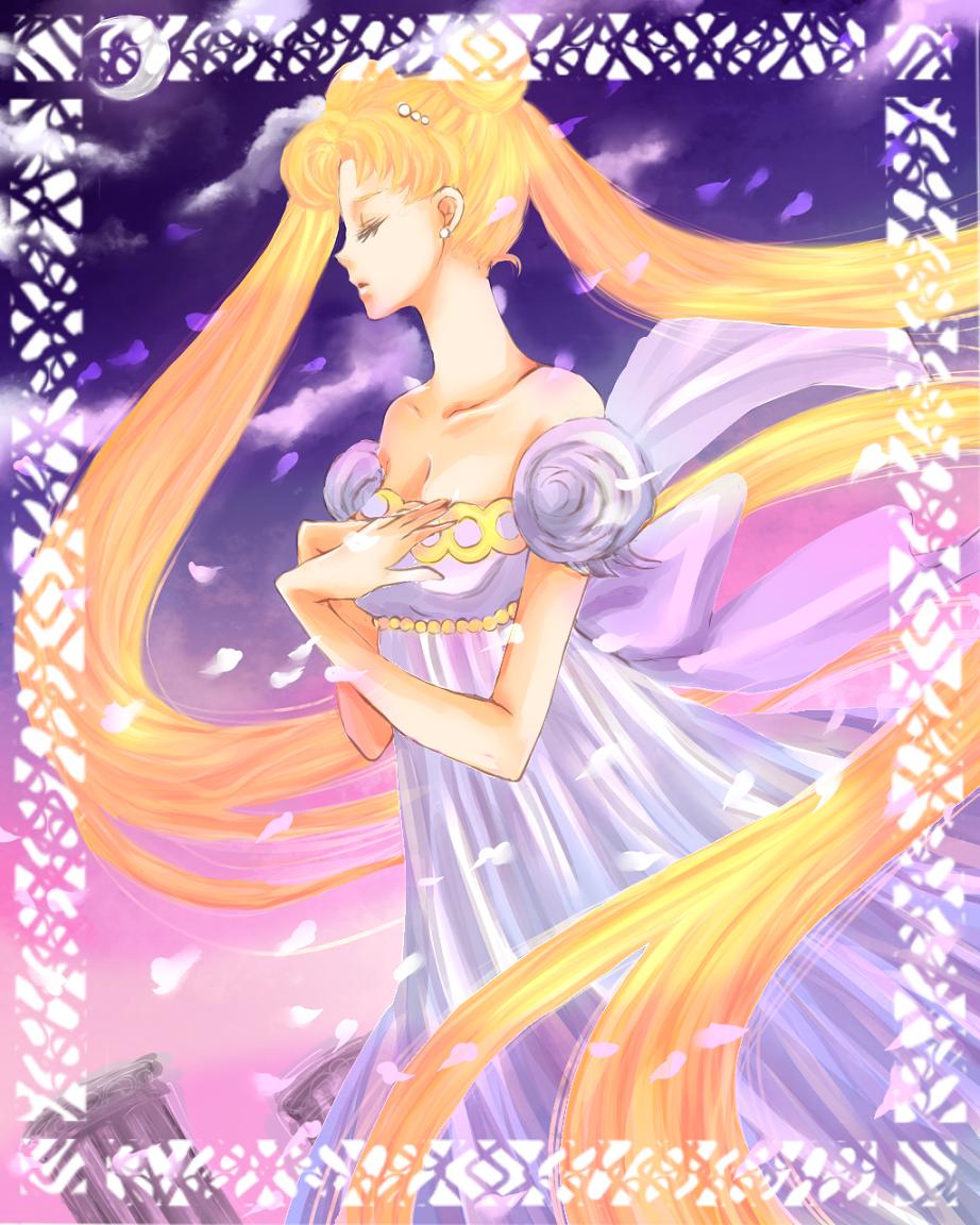 back_bow bare_shoulders bishoujo_senshi_sailor_moon blonde_hair bow closed_eyes cloud crescent_moon double_bun dress earrings gown hair_ornament jewelry long_hair moon paranoitic-sr69 petals princess_serenity solo strapless strapless_dress tsukino_usagi very_long_hair