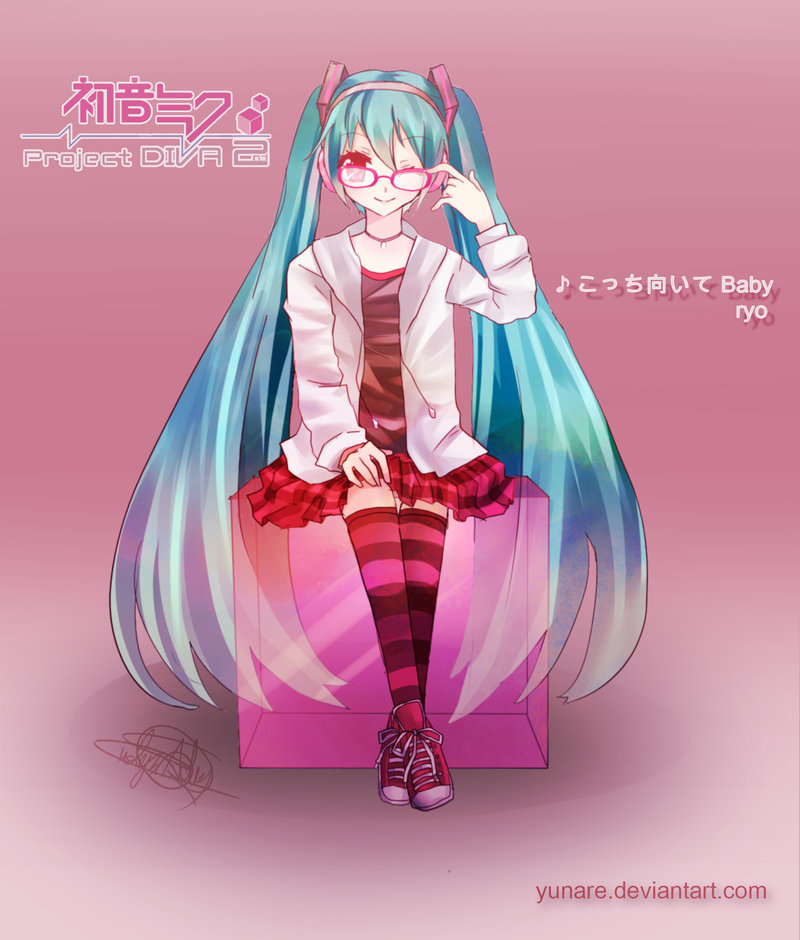 aqua_hair glasses hatsune_miku headphones headset kocchi_muite_baby_(vocaloid) long_hair natural_(module) one_eye_closed pink_eyes project_diva_(series) project_diva_2nd skirt smile solo striped tennis thighhighs twintails very_long_hair vocaloid yunare zettai_ryouiki