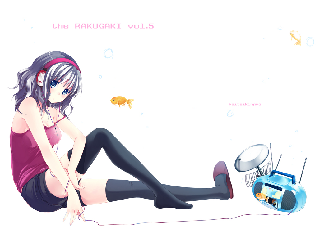 blue_eyes boombox breasts cassette_player cleavage fish flying_fish hands headphones itou_nanami legs medium_breasts original shoes shorts silver_hair single_shoe sitting solo strap_slip thighhighs