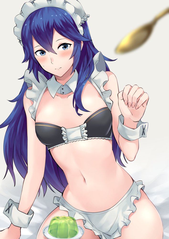 1girl a_meno0 apron bare_arms bed_sheet black_bra blue_eyes blue_hair blurry_foreground blush bra breasts closed_mouth collarbone commentary_request detached_collar fingernails fire_emblem fire_emblem_awakening food frill_trim gelatin grey_background hair_between_eyes hand_up long_hair looking_at_viewer lucina maid maid_apron maid_headdress midriff navel plate shiny shiny_hair simple_background sitting small_breasts solo spoon strapless strapless_bra sweatdrop underwear wrist_cuffs