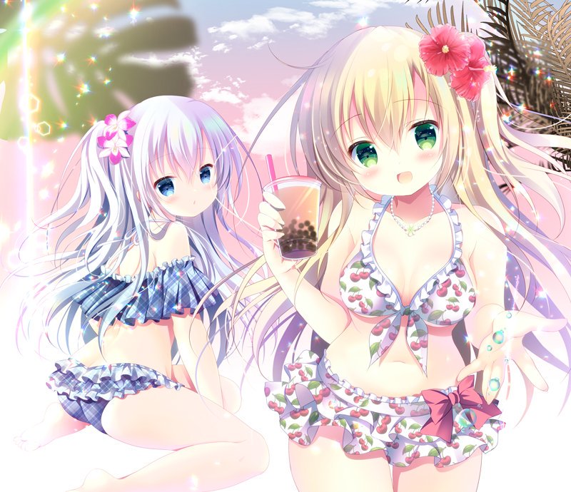2girls :d ass backlighting bangs bare_arms bare_legs bare_shoulders barefoot bikini bikini_skirt blonde_hair blue_bikini blue_eyes blurry blurry_background blush bow breasts bubble bubble_tea butt_crack cherry_print cloud cloudy_sky commentary_request cowboy_shot cup depth_of_field disposable_cup drinking_straw eyebrows_visible_through_hair flower food_print frilled_bikini frills front-tie_bikini front-tie_top green_eyes hair_between_eyes hair_flower hair_ornament head_tilt holding holding_cup long_hair looking_at_viewer looking_to_the_side medium_breasts multiple_girls navel open_mouth original outdoors palm_tree parted_lips plaid plaid_bikini print_bikini purple_flower red_bow red_flower shirogane_hina silver_hair sitting sky smile soles swimsuit tree very_long_hair wariza white_bikini