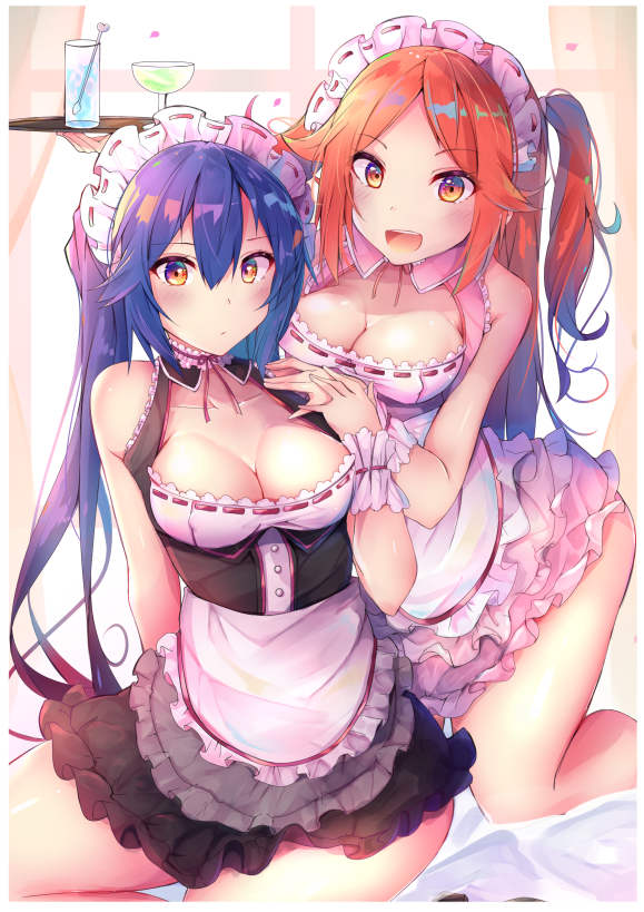 2girls :d apron bare_arms bare_shoulders black_dress blue_hair breasts cleavage closed_mouth collarbone commentary_request cup detached_sleeves dress drinking_glass hair_between_eyes holding holding_tray kneeling large_breasts long_hair looking_at_viewer maid maid_apron maid_headdress multiple_girls one_side_up open_mouth orange_eyes orange_hair phantasy_star phantasy_star_online_2 pink_dress quna_(pso2) racket_ti1 sidelocks sitting sleeveless sleeveless_dress smile thighs tray very_long_hair wine_glass