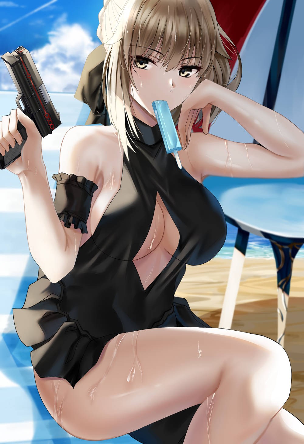 1girl artoria_pendragon_(all) artoria_pendragon_(swimsuit_rider_alter) bangs bare_shoulders beach black_dress blonde_hair braid breasts collarbone dress fate/grand_order fate_(series) food french_braid gun hair_between_eyes highres long_hair looking_at_viewer medium_breasts mouth_hold nikek96 pale_skin popsicle sidelocks sitting solo thighs weapon yellow_eyes