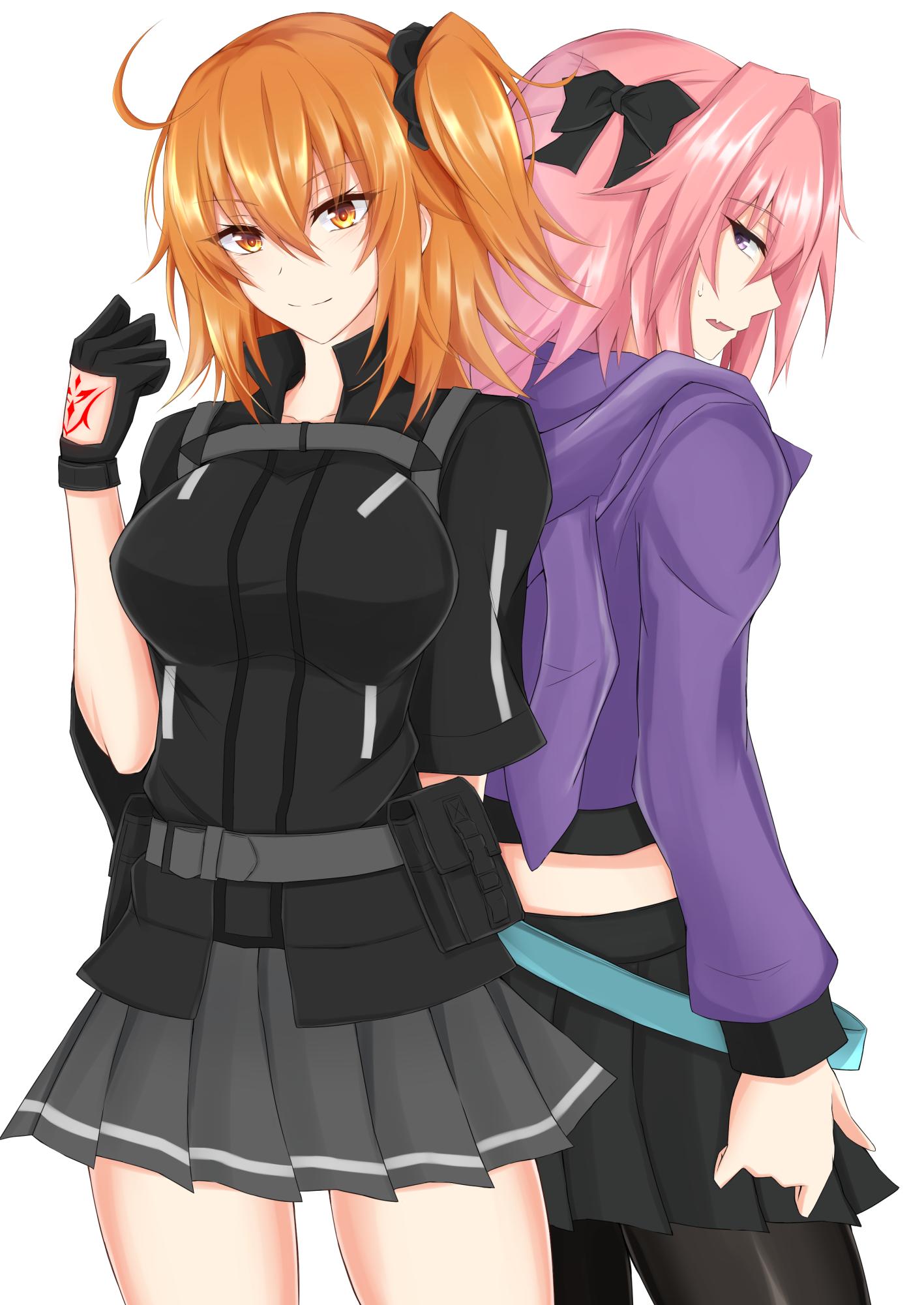 1boy 1girl ahoge astolfo_(fate) back-to-back bangs belt black_bow black_gloves black_legwear black_scrunchie black_shirt black_skirt blue_belt bow breasts clenched_hand command_spell commentary_request cowboy_shot eyebrows_visible_through_hair fang fate/grand_order fate_(series) from_behind fujimaru_ritsuka_(female) gloves grey_belt grey_skirt hair_between_eyes hair_bow hair_intakes hair_ornament hair_scrunchie hand_up highres hood hooded_jacket jacket large_breasts long_hair long_sleeves looking_at_viewer looking_back midriff miniskirt one_side_up open_mouth orange_eyes orange_hair otoko_no_ko pantyhose pink_hair piro_(iiiiiiiiii) pleated_skirt pouch profile purple_eyes purple_jacket scrunchie shirt short_sleeves simple_background skirt smile standing sweat thighs white_background