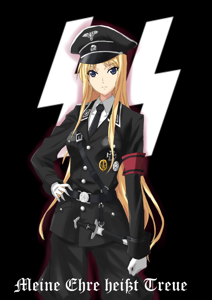 1girl armband baldr_sky belt belt_buckle black_background black_pants blonde_hair blue_eyes breast_pocket breasts buckle buttons commentary_request cowboy_shot dagger eyebrows_visible_through_hair faintxp german_text gloves hand_on_hip hat iron_cross kirishima_rain long_hair looking_at_viewer medium_breasts military military_hat military_uniform nazi necktie pants peaked_cap pocket red_armband sam_browne_belt shirt silver_trim skull_and_crossbones solo ss_insignia straight_hair uniform weapon white_gloves white_shirt