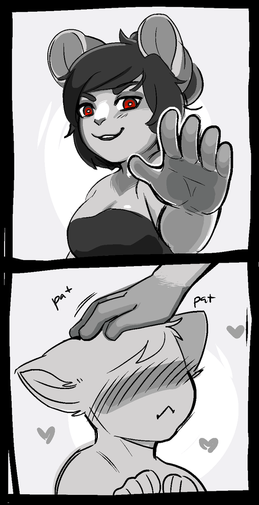 &lt;3 2019 anthro arh arh_(character) blush breasts cleavage close-up clothed clothing comic digital_media_(artwork) embarrassed english_text female front_view fully_clothed grin hair head_pat mammal mouse murid murine petting red_eyes rodent sequence short_hair simple_background smile text toony