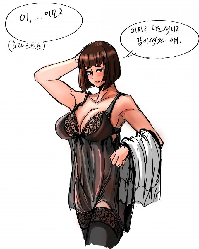 1girl anna_williams bangs black_legwear blush bob_cut breasts brown_hair commentary commentary_request escape1111 korean_commentary korean_text large_breasts looking_at_viewer nightgown shirt_removed short_hair solo speech_bubble tekken thighhighs translation_request