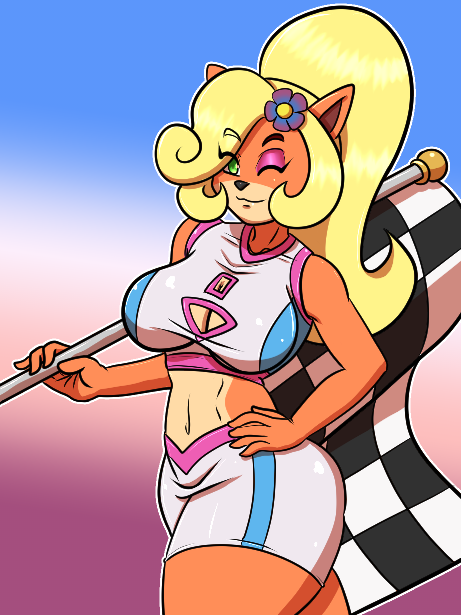 2019 3:4 anthro bandicoot big_breasts biped black_nose blonde_hair blue_flower bottomwear breasts checkered_flag cleavage clothed clothing coco_bandicoot crash_bandicoot_(series) curled_hair digital_media_(artwork) eyelashes eyeshadow female flag flower flower_in_hair fur green_eyes hair hair_over_eye hand_on_hip hi_res holding_object keyhole long_hair looking_at_viewer makeup mammal marsupial multicolored_fur naughty_dog navel one_eye_closed orange_fur pinup plant ponytail pose race_queen ryujisama shorts simple_background smile solo sony_corporation sony_interactive_entertainment standing thick_thighs topwear two_tone_fur video_games white_clothing wink