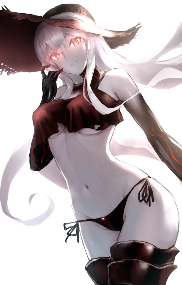 1girl aircraft_carrier_oni aircraft_carrier_summer_hime bangs bikini black_bikini boots breasts glowing glowing_eyes grin groin hair_between_eyes hat hip_bones kantai_collection long_hair looking_at_viewer navel pale_skin red_eyes shinkaisei-kan side-tie_bikini simple_background smile solo sun_hat swimsuit thigh_boots thighhighs underboob weasel_(close-to-the-edge) white_background white_hair white_skin