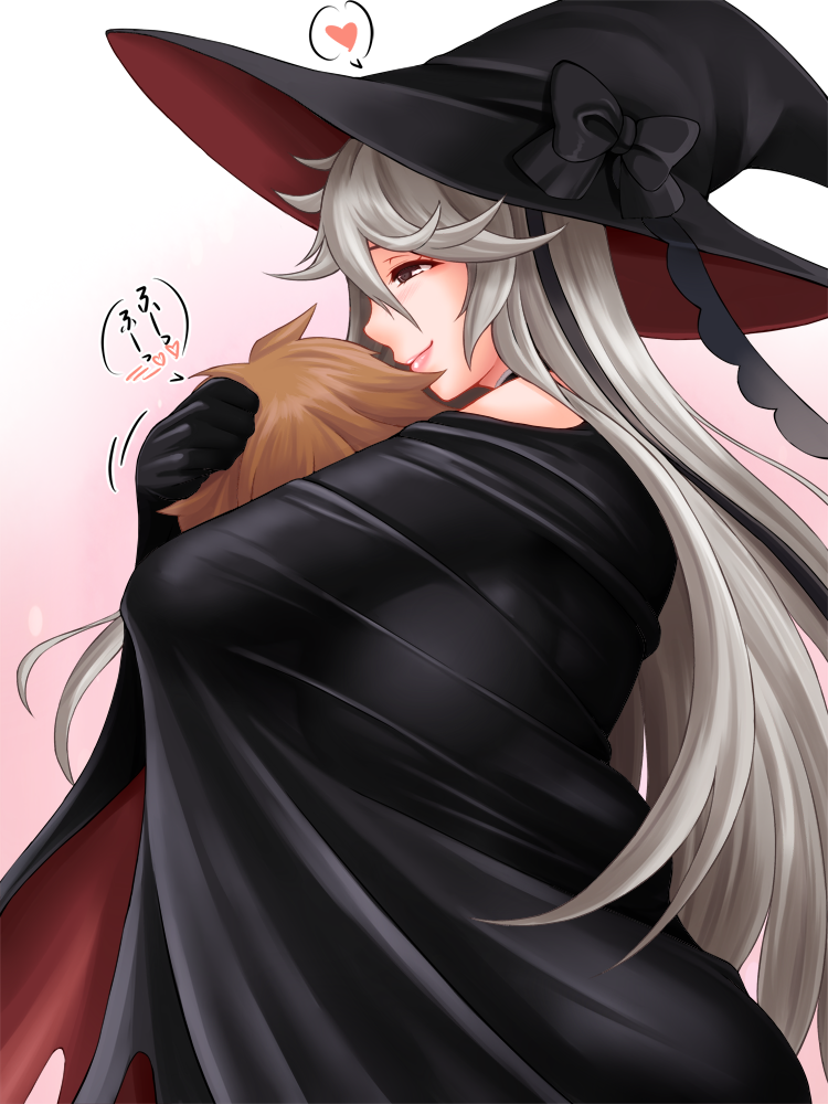 1boy 1girl black_headwear breast_smother breasts brown_eyes capelet cloak commentary_request gradient gradient_background gran_(granblue_fantasy) granblue_fantasy hat heart large_breasts lips long_hair magisa_(granblue_fantasy) pink_background silver_hair smile spoken_heart suzuki_sakura translation_request very_long_hair white_background witch_hat