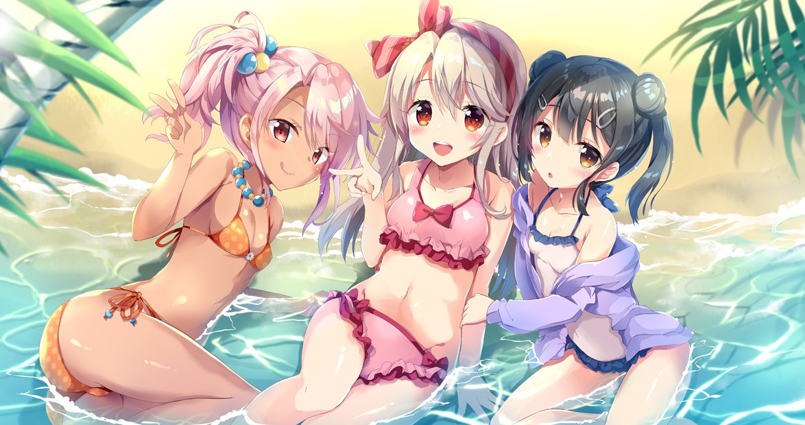 3girls beach bikini black_hair breasts chloe_von_einzbern cowboy_shot dark_skin double_bun fate/kaleid_liner_prisma_illya fate_(series) frilled_bikini frills illyasviel_von_einzbern leaf long_hair looking_at_viewer lying maruchan. miyu_edelfelt multiple_girls on_side one_side_up open_mouth orange_bikini orange_eyes pink_bikini pink_hair polka_dot polka_dot_bikini red_eyes sand short_hair side-tie_bikini silver_hair sitting small_breasts smile swimsuit twintails upper_teeth v water waves white_swimsuit yellow_eyes