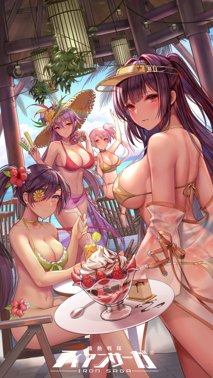 4girls alternate_costume amanda_(iron_saga) arm_up ass bangs bare_shoulders beach bikini blue_sky breasts cake cerise_(iron_saga) choker cleavage closed_mouth cloud cowboy_shot crossed_legs day dutch_angle elaine_(iron_saga) eyepatch eyewear_removed flower food gold_bikini green_bikini groin hair_flower hair_intakes hair_ornament hat highres holding holding_eyewear holding_food holding_plate holding_spoon ice_cream indoors iron_saga large_breasts logo looking_at_viewer medium_breasts multiple_girls navel ocean official_art orange_eyes parted_lips pink_hair plate ponytail popsicle purple_hair red_bikini red_eyes sarong serenity_(iron_saga) side_ponytail sidelocks sitting sky smile spoon stomach straw_hat sundae sunglasses sunlight swimsuit table thighs translucent visor_cap yellow_bikini zjsstc