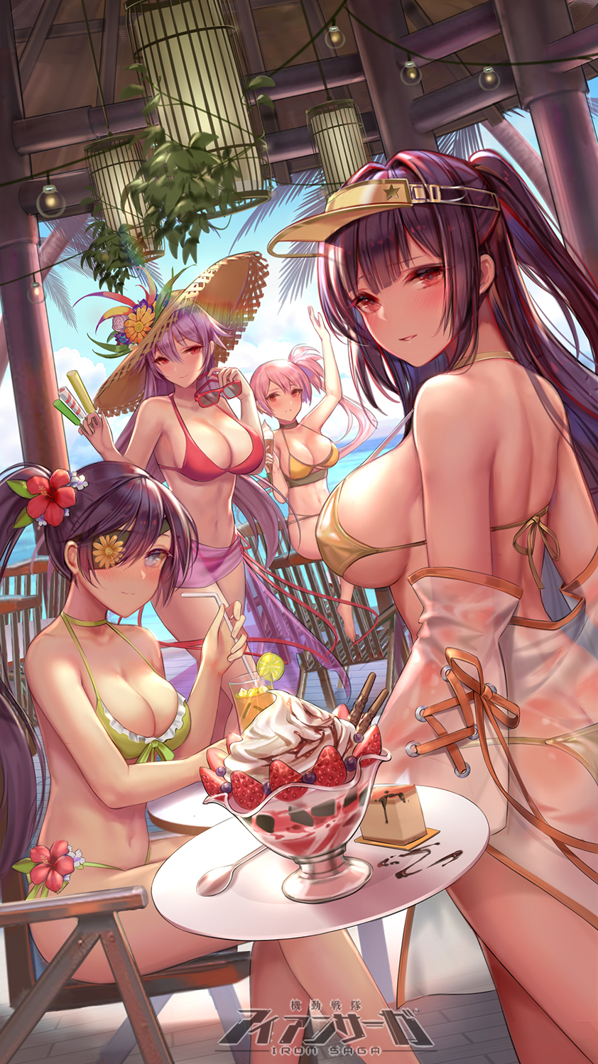 4girls alternate_costume amanda_(iron_saga) arm_up ass bangs bare_shoulders beach bikini blue_sky breasts cake cerise_(iron_saga) choker cleavage closed_mouth cloud commentary cowboy_shot crossed_legs day dutch_angle elaine_(iron_saga) eyepatch eyewear_removed flower food gold_bikini green_bikini groin hair_flower hair_intakes hair_ornament hat highres holding holding_eyewear holding_food holding_plate holding_spoon ice_cream indoors iron_saga large_breasts logo looking_at_viewer medium_breasts multiple_girls navel ocean official_art orange_eyes parted_lips pink_hair plate ponytail popsicle purple_hair red_bikini red_eyes sarong serenity_(iron_saga) side_ponytail sidelocks sitting sky smile spoon stomach straw_hat sundae sunglasses sunlight swimsuit table thighs translucent visor_cap yellow_bikini zjsstc