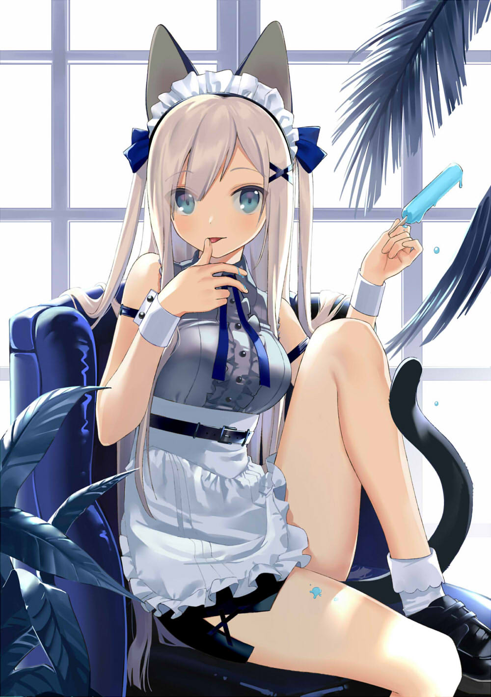 1girl animal_ears apron arm_strap backlighting bare_arms bare_legs bare_shoulders belt black_footwear black_skirt blue_eyes blue_neckwear breasts buttons cat_ears cat_girl cat_tail chair commentary_request food grey_shirt highres holding knee_up large_breasts leaf long_hair looking_at_viewer maid maid_apron maid_headdress miniskirt original pencil_skirt popsicle shirt shoes silver_hair sitting skirt sleeveless sleeveless_shirt socks solo tail thighs tongue tongue_out urata_asao very_long_hair white_legwear window wing_collar wrist_cuffs