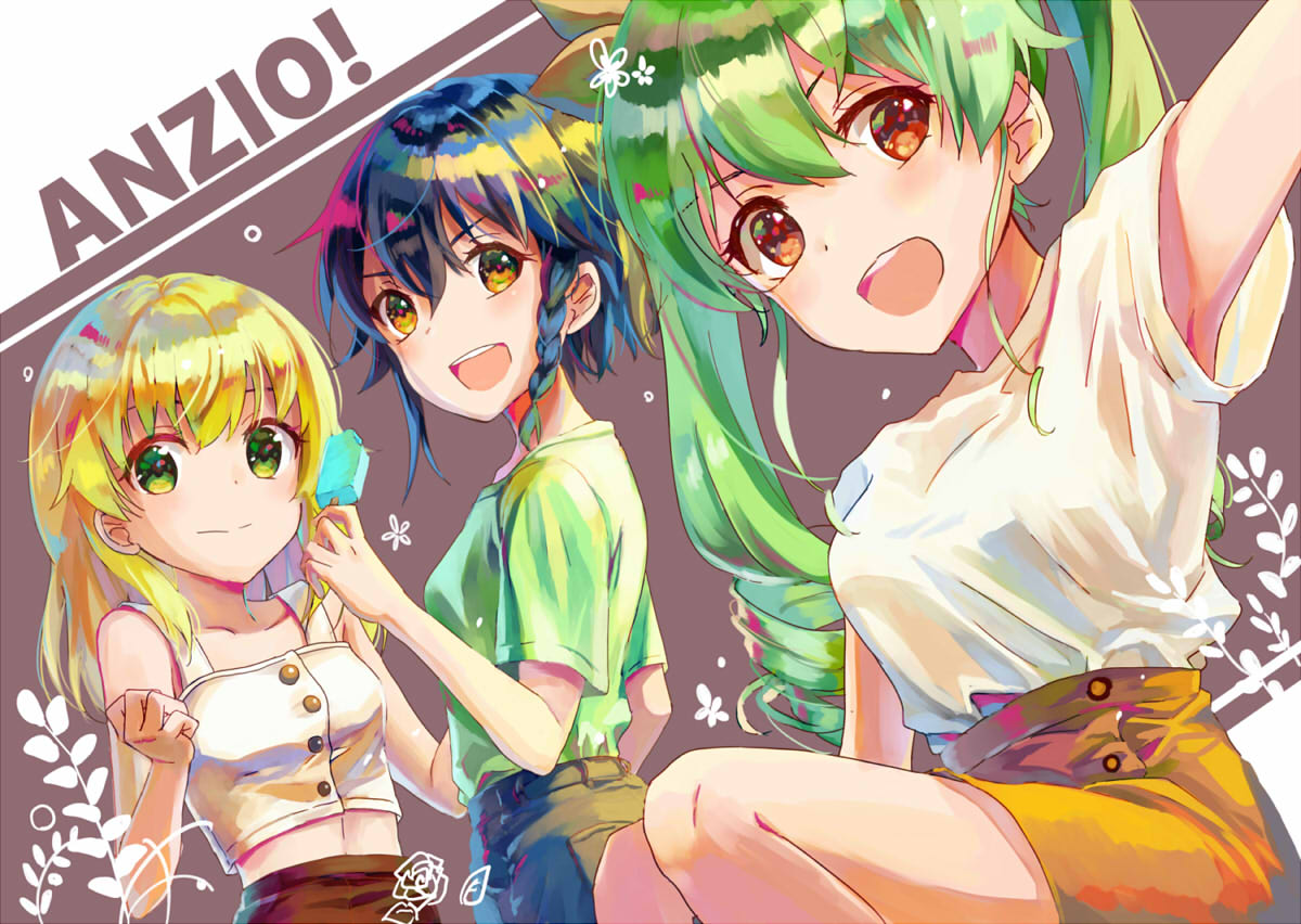 3girls anchovy bangs black_hair black_pants black_ribbon black_skirt blonde_hair braid brown_eyes carpaccio casual crop_top drill_hair english_text food girls_und_panzer green_eyes green_hair green_shirt high-waist_skirt holding holding_food long_hair looking_at_viewer macho_ojiji multiple_girls open_mouth orange_skirt pants pencil_skirt pepperoni_(girls_und_panzer) popsicle red_eyes ribbon self_shot shirt short_hair short_sleeves side_braid sitting skirt smile standing t-shirt twin_drills twintails white_shirt yellow_ribbon