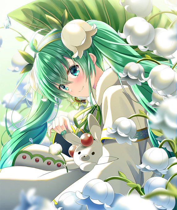 1girl ahoge animal bangs banned_artist blue_eyes blurry blurry_background blurry_foreground blush bunny closed_mouth commentary_request depth_of_field dress eyebrows_visible_through_hair fingernails flower green_hair green_nails green_ribbon hair_between_eyes hair_flower hair_ornament hair_ribbon hatsune_miku long_hair long_sleeves nail_polish ribbon smile snowbell_(flower) snowdrop_(flower) twintails very_long_hair vocaloid white_dress white_flower wide_sleeves yuki_miku yuki_miku_(2015) yukine_(vocaloid) yuuka_nonoko