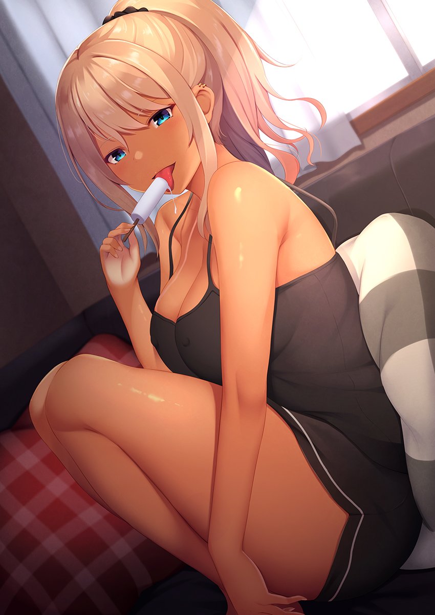 1girl bangs bare_shoulders black_dress black_scrunchie blonde_hair blue_eyes blush breasts cleavage collarbone day dress eyebrows_visible_through_hair food hair_ornament hair_scrunchie highres holding holding_food indoors large_breasts licking long_hair looking_at_viewer momo_no_kanzume multiple_piercings open_mouth original pillow ponytail scrunchie sitting skindentation solo tan thighs tongue tongue_out window