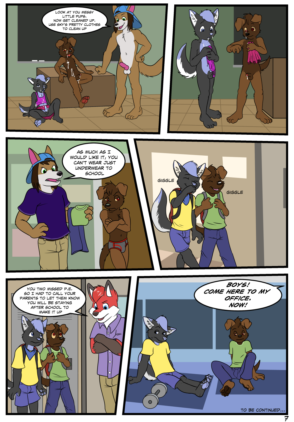 age_difference anthro bodily_fluids canid canine canis clothed clothing comic compfive crossdressing cub cum cum_on_chest cum_on_face detention dialogue domestic_dog eyes_closed fox fully_clothed genital_fluids giggling gymnasium half-closed_eyes hi_res husky hybrid laugh lexi_swiftfur locker male male/male mammal nordic_sled_dog nude paws penis rj_oakes school skypup spitz student teacher teacher_and_student text underwear weights whiskeypup wolfdog young