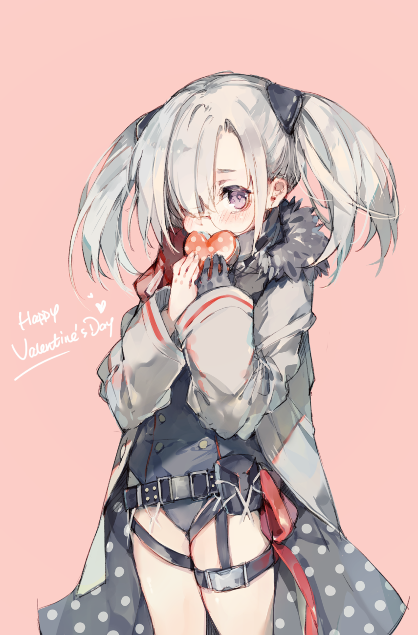 1girl bangs belt belt_buckle blush buckle coat english_text facing_viewer fur girls_frontline glasses gloves grey_hair hair_ornament hair_over_one_eye happy_valentine heart highres hk21_(girls_frontline) holding holding_heart hood hood_down jacket long_hair long_sleeves looking_at_viewer open_clothes pink_background purple_eyes round_eyewear shuzi simple_background single_glove solo standing thigh_strap twintails upper_body valentine