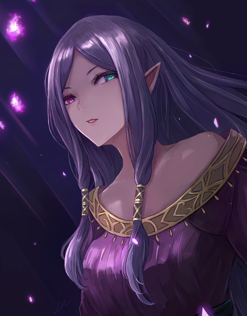 1girl breasts cloak collarbone dress fire_emblem fire_emblem:_the_binding_blade fire_emblem_heroes green_eyes hair_tubes heterochromia idunn_(fire_emblem) leonmandala long_hair looking_at_viewer mamkute medium_breasts off_shoulder pointy_ears purple_dress purple_eyes purple_hair sidelocks simple_background single_bare_shoulder solo upper_body