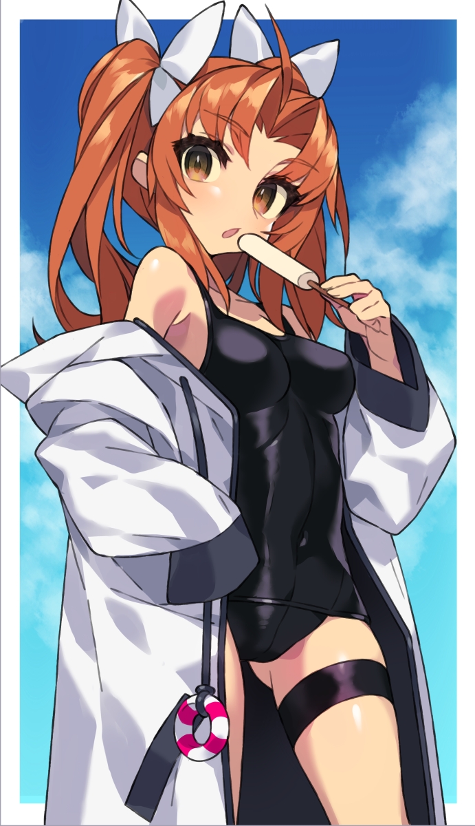 2girls ahoge black_swimsuit blue_sky breasts brown_eyes brown_hair cloud coat collarbone commentary_request contrapposto drawstring food hair_ribbon highres hood hooded_coat hoodie itsumo_nokoru kagerou_(kantai_collection) kantai_collection lifebuoy long_hair looking_at_viewer multiple_girls popsicle remodel_(kantai_collection) ribbon school_swimsuit sky small_breasts swimsuit twintails white_coat white_ribbon yellow_ribbon
