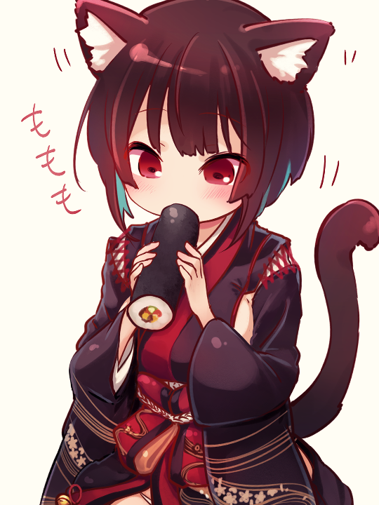 1girl animal_ear_fluff animal_ears azur_lane bangs bell black_hair black_kimono blush bob_cut cat_ears cat_girl cat_tail eating ehoumaki eyebrows_visible_through_hair eyes_visible_through_hair food hands_up holding holding_food japanese_clothes jingle_bell kimono long_sleeves looking_down makizushi motion_lines no_nose red_eyes short_hair simple_background solo sumi_(kjtd2458) sushi tail tail_raised white_background wide_sleeves yamashiro_(azur_lane)