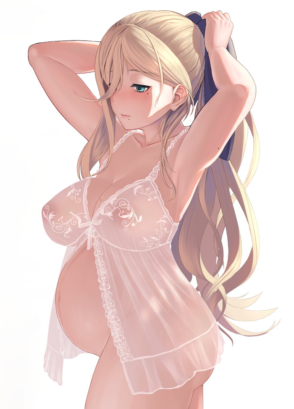 1girl adjusting_bow adjusting_clothes alternate_costume alternate_hairstyle aqua_eyes areolae armpits ass big_belly black_ribbon blonde_hair blush bottomless bow breasts cleavage closed_mouth commentary_request covered_nipples cowboy_shot eyebrows_visible_through_hair eyelashes hair_between_eyes hair_over_shoulder hair_ribbon half-closed_eyes highres kantai_collection large_breasts lingerie lips long_hair looking_down mole mole_on_arm mole_on_breast mole_under_eye mole_under_mouth nipples no_bra no_panties ponytail pregnant ribbon richelieu_(kantai_collection) see-through sheer_clothes solo standing taji_(crowview) underwear white_background white_negligee