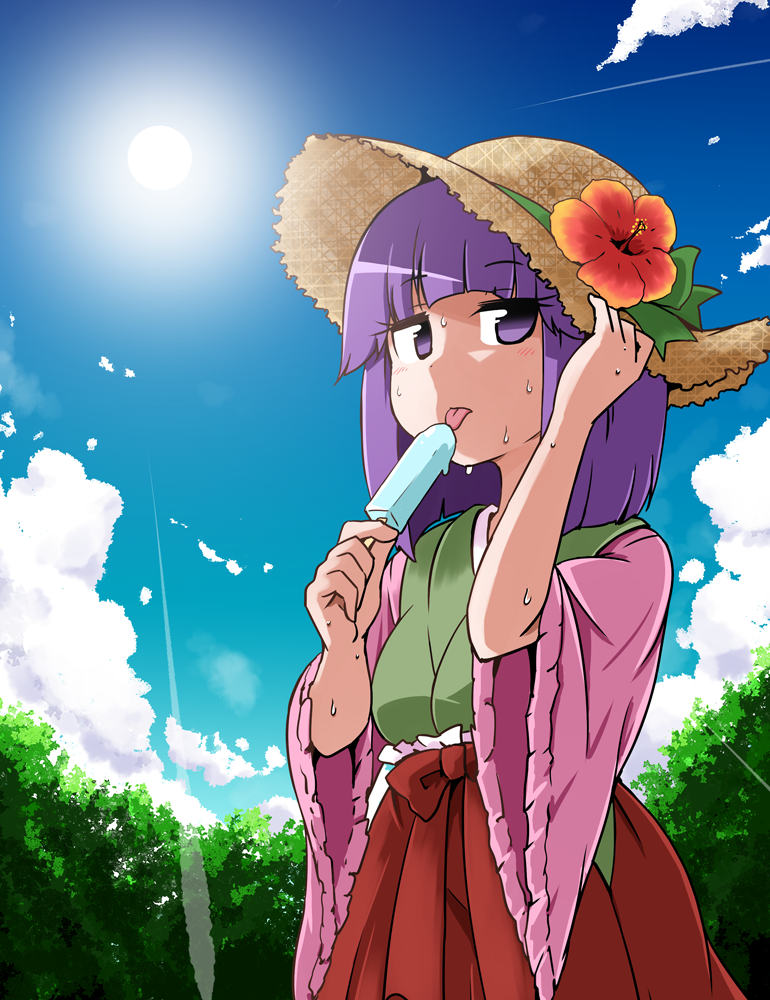 1girl bangs blue_sky blunt_bangs cloud commentary_request cowboy_shot day flower food forest hakama hat hat_flower hieda_no_akyuu holding holding_food japanese_clothes jitome kimono kousei_(public_planet) licking medium_hair nature outdoors popsicle purple_eyes purple_hair sky solo standing straight_hair straw_hat sun sunlight sweat tongue tongue_out touhou tree