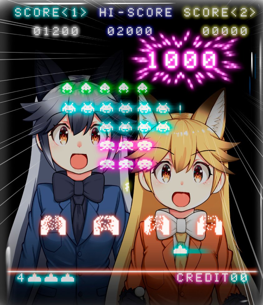 2girls :d animal_ear_fluff animal_ears arcade_cabinet bangs black_gloves black_hair black_neckwear blonde_hair blue_jacket bow bowtie brown_eyes commentary_request controller dl2go emphasis_lines extra_ears eyebrows_visible_through_hair ezo_red_fox_(kemono_friends) followers fox_ears fur-trimmed_sleeves fur_trim gloves grey_hair hair_between_eyes jacket joystick kemono_friends long_hair long_sleeves multicolored_hair multiple_girls necktie open_mouth orange_jacket playing_games reflection silver_fox_(kemono_friends) smile space_invaders two-tone_hair very_long_hair white_neckwear yellow_neckwear